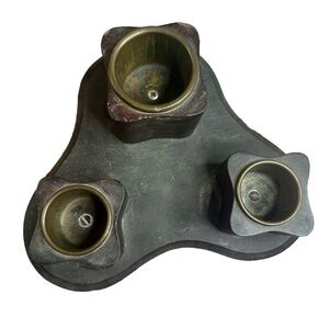 Vintage Wood & Brass Candle Smoker Stand with Patina 10” Eclectic Home Decor